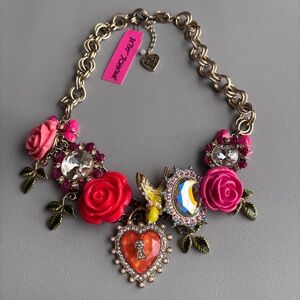 Betsey Johnson Statement Necklace Rose Heart Bird
